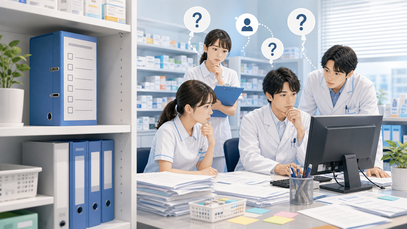 薬局で使われないチェックリストが棚に残っているイメージ