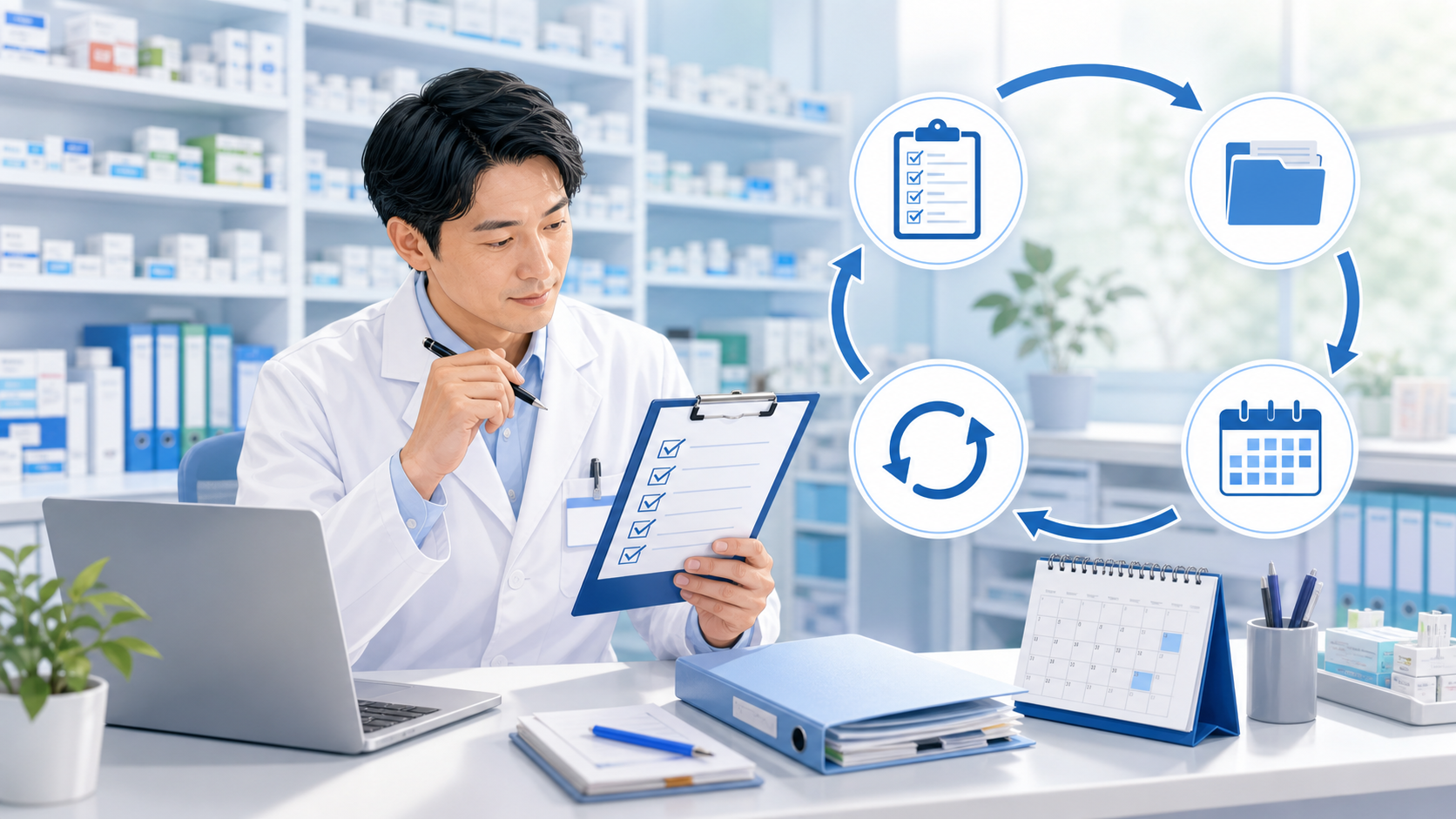 薬局でチェックリストの見直し日と記録場所を確認するイメージ