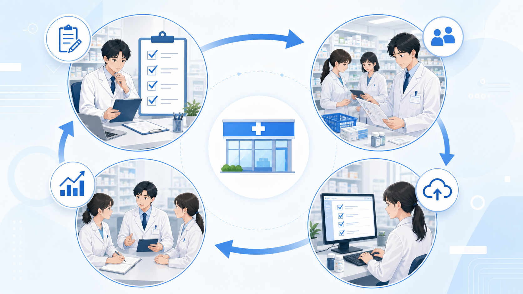 薬局でチェックリストを作成、使用、記録、見直しする運用フローのイメージ