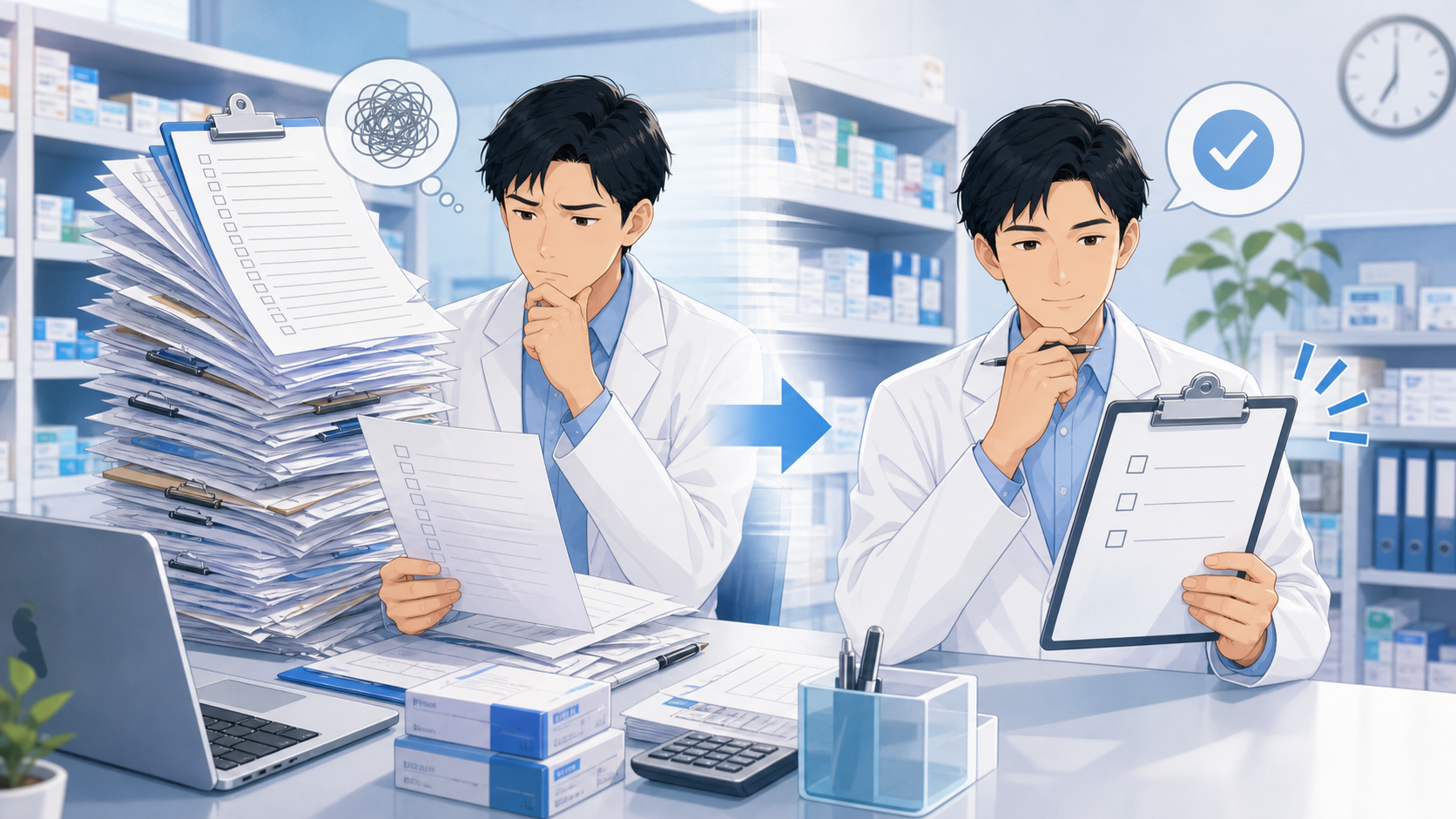 薬局で多すぎるチェック項目を整理して短くするイメージ