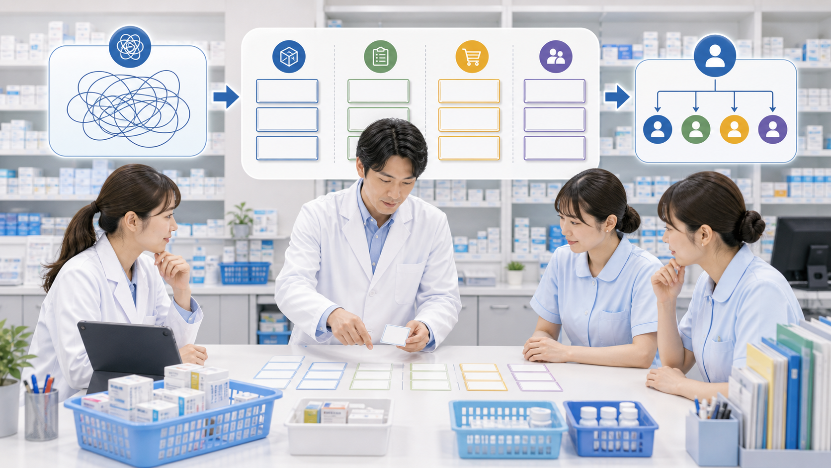 薬局の大きな業務を判断、作業、確認に分けて任せやすくする図解