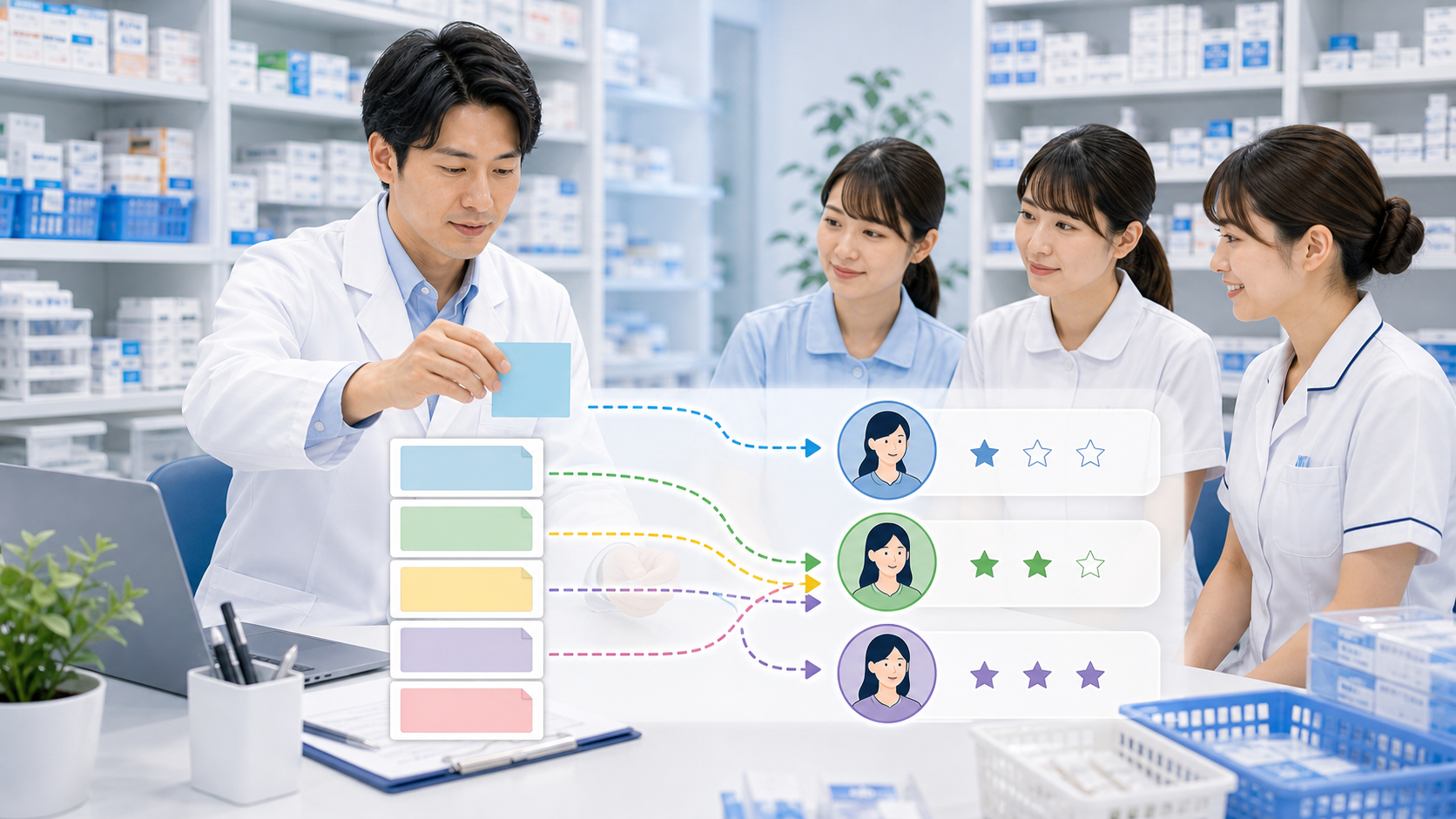 薬局スタッフの経験差に合わせて任せる範囲を調整するイメージ