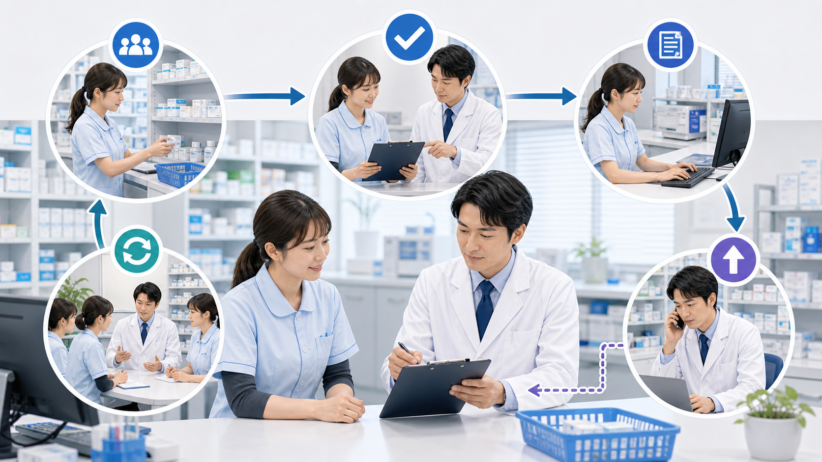 薬局で任せた仕事を途中確認し相談先へ戻せるルートを作るイメージ