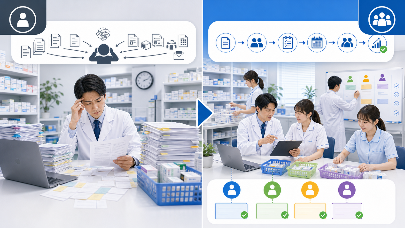 薬局で仕事を抱え込む状態と分担できる状態の違いを示す比較図解