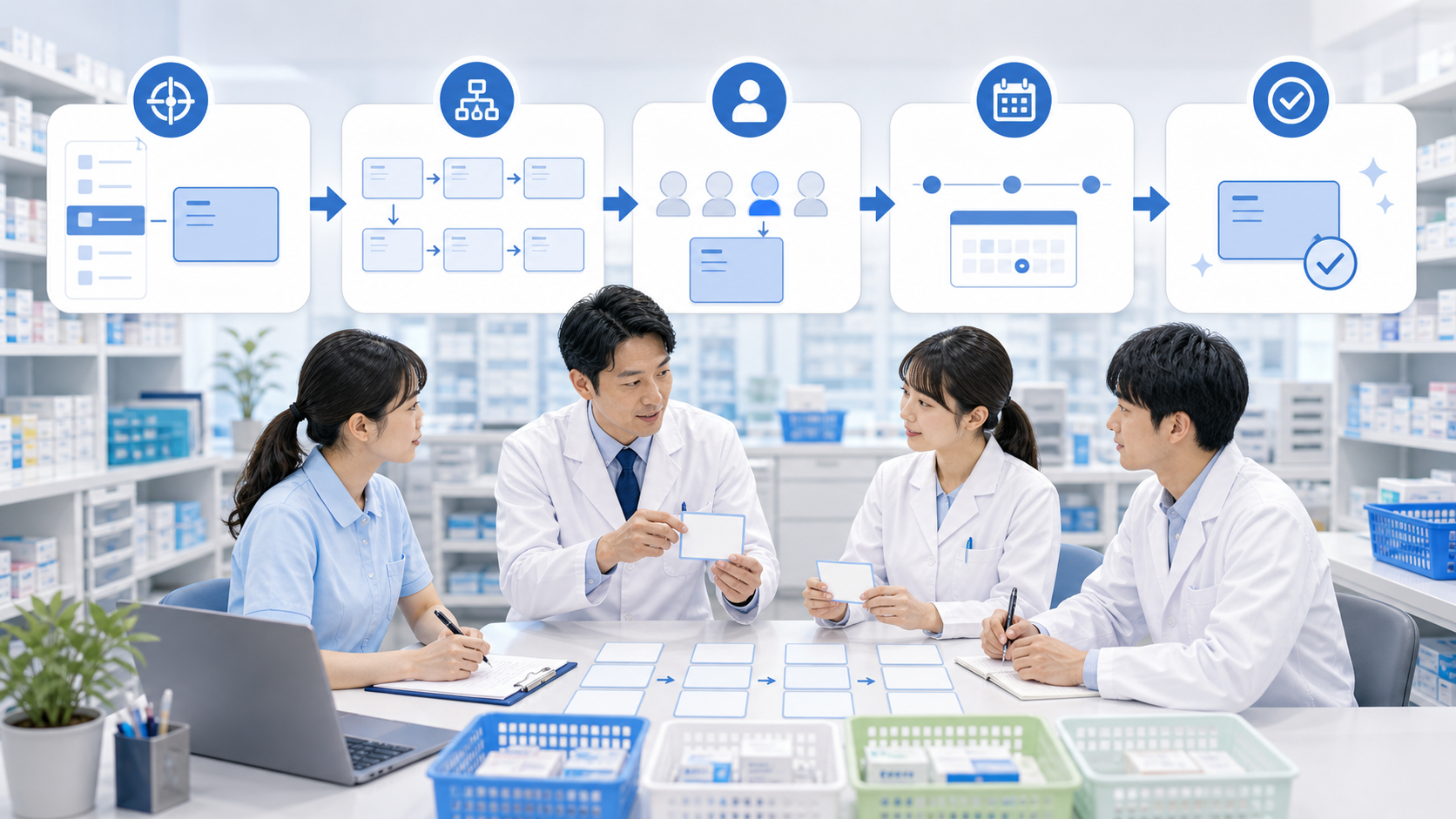 薬局で仕事を小さく分けて任せ確認する手順を示すフロー図解