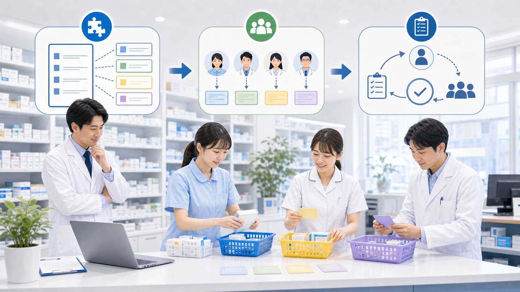 薬局で仕事を任せるために作業分解、経験差、確認ルートを整えるまとめ画像
