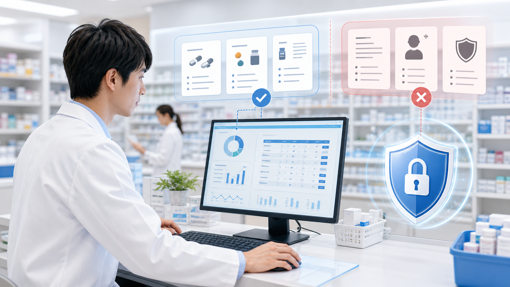 薬局で調剤データの範囲と個人情報マスクを確認する管理薬剤師のイメージ
