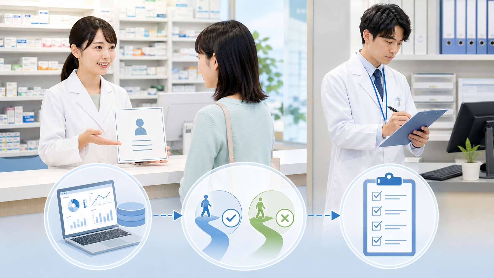 薬局で調剤データ活用に関する患者説明とオプトアウト機会を確認するイメージ