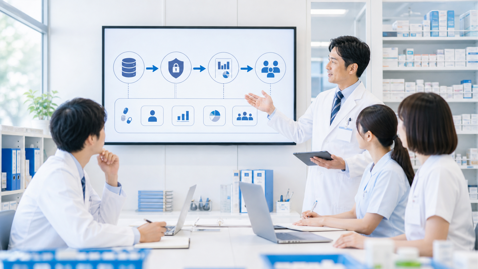 薬局で調剤データの送信、匿名加工、分析レポート、スタッフ共有を確認するイメージ