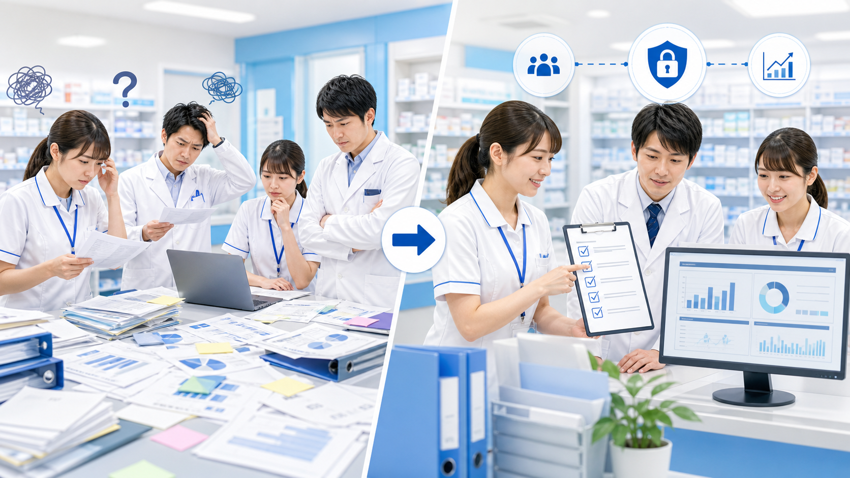 薬局データ活用で混乱しやすい運用と整理された運用を比較するイメージ