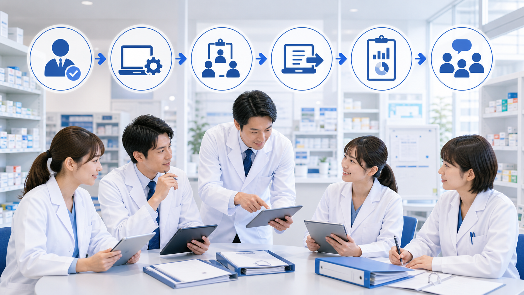 薬局で調剤データ活用の担当、システム設定、患者説明、レポート共有を決める確認フローのイメージ
