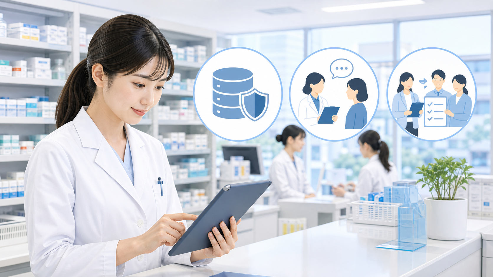薬局チームが調剤データ活用で確認するデータ範囲、患者説明、担当共有の3点を整理するイメージ