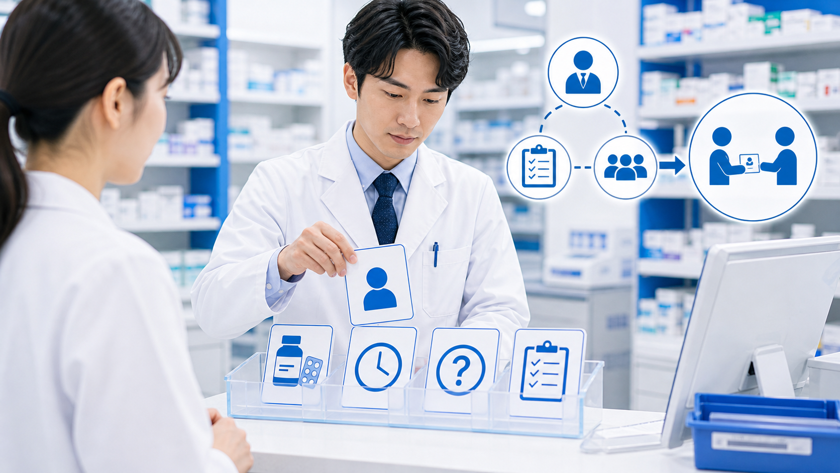 薬局で申し送り対象となる患者や業務の文脈を整理するイメージ