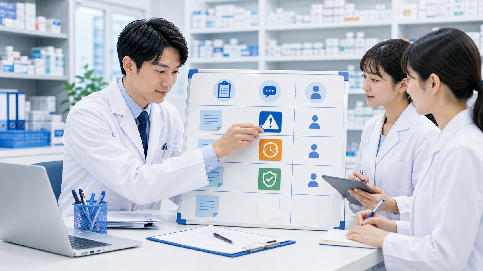 薬局で申し送りの理由と優先度を記録するイメージ