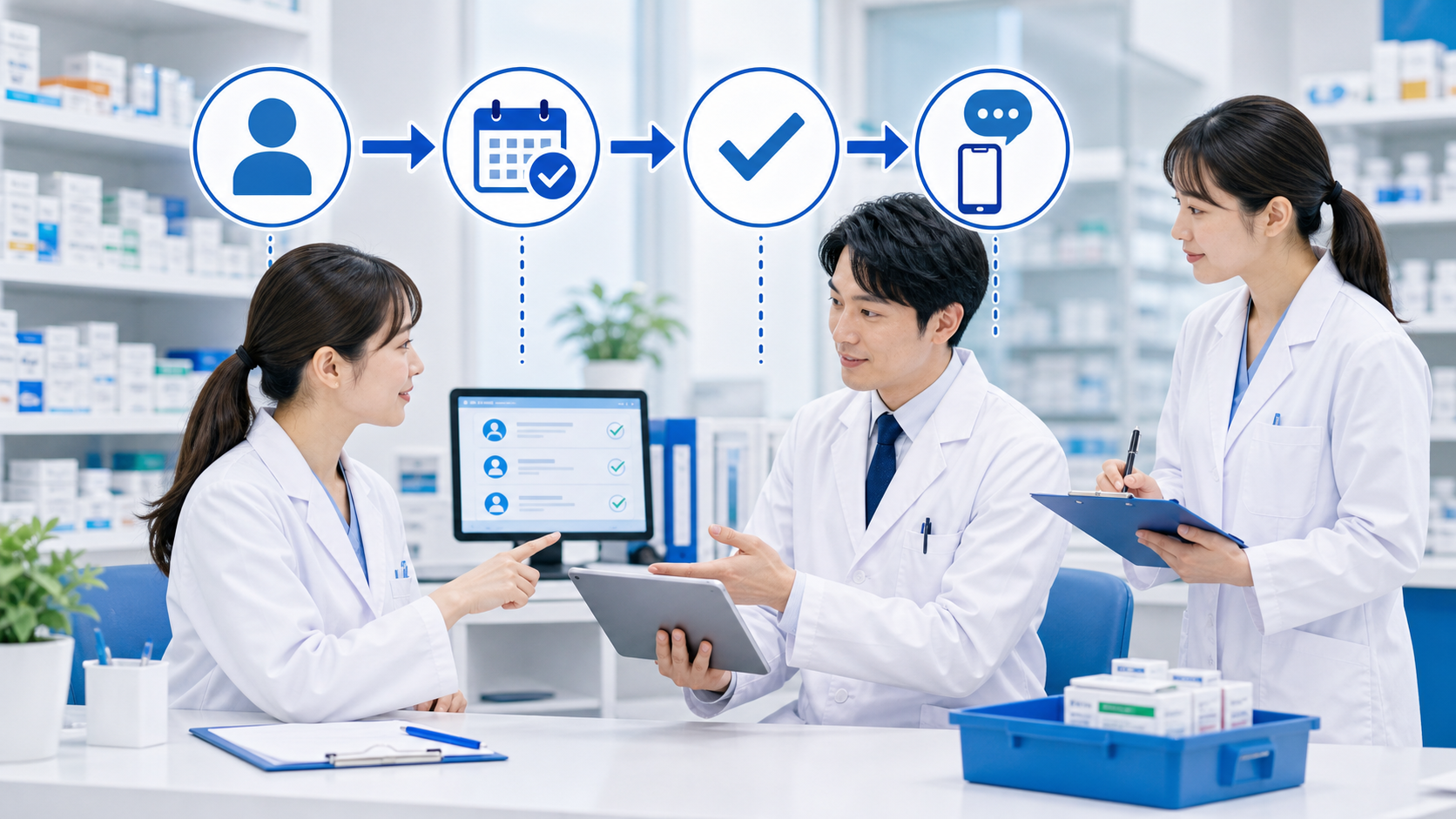 薬局で申し送り後の次の行動と担当を決めるイメージ