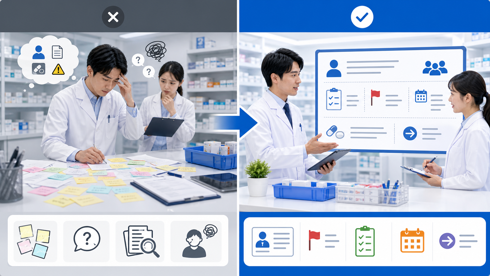 申し送り漏れが起きやすい薬局と整理された薬局の違いを示す比較図解