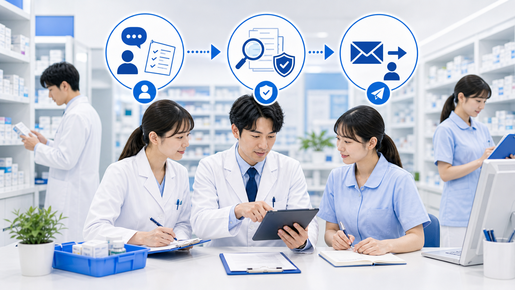 薬局の問い合わせ対応を事実、確認先、次の対応に分ける全体像