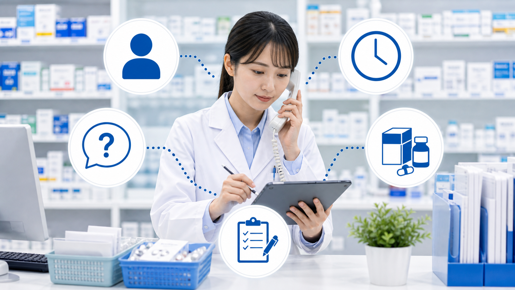 薬局スタッフが電話問い合わせの事実を記録するイメージ