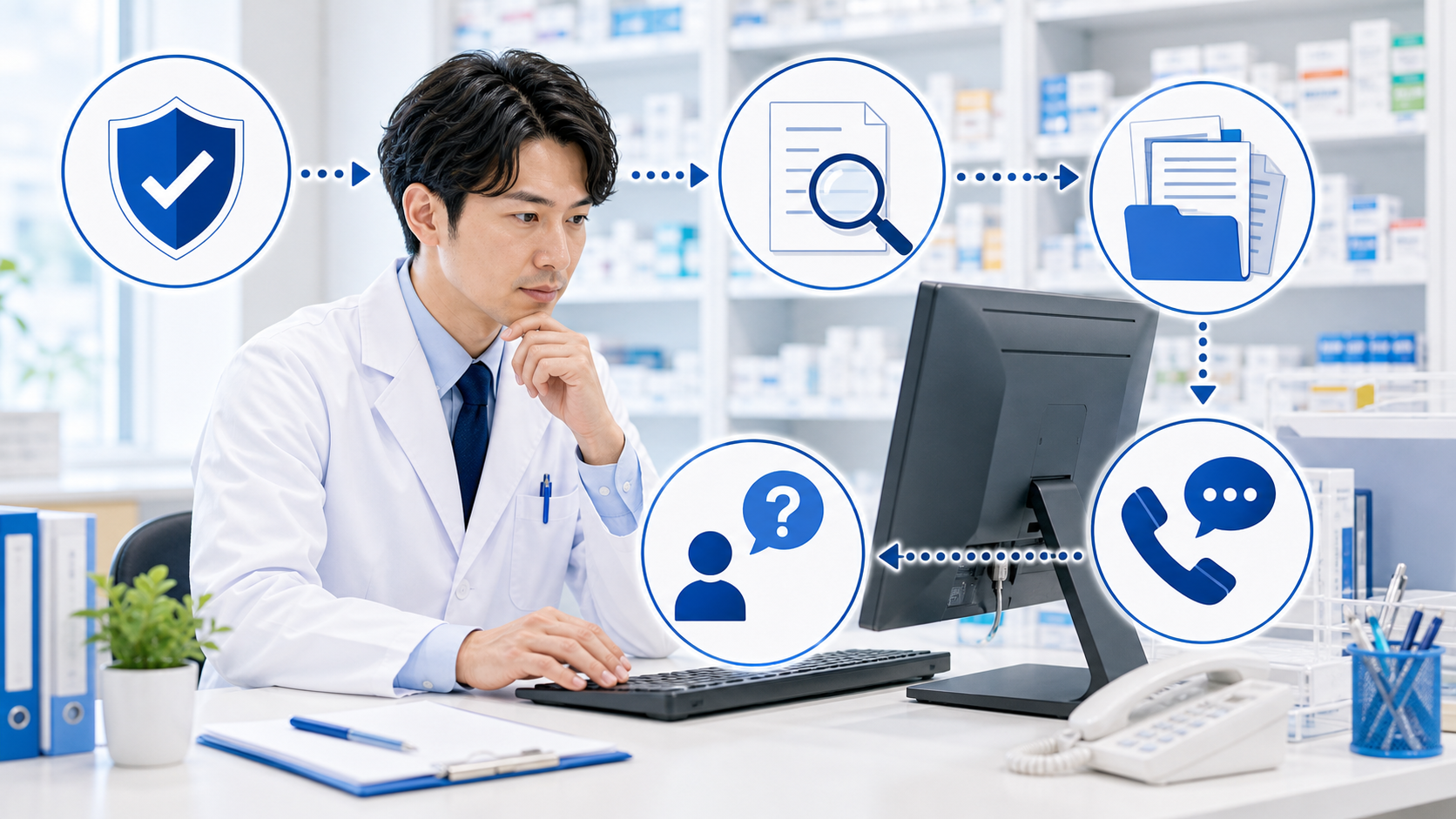 薬局で問い合わせ回答前に公式資料や内部資料を確認するイメージ