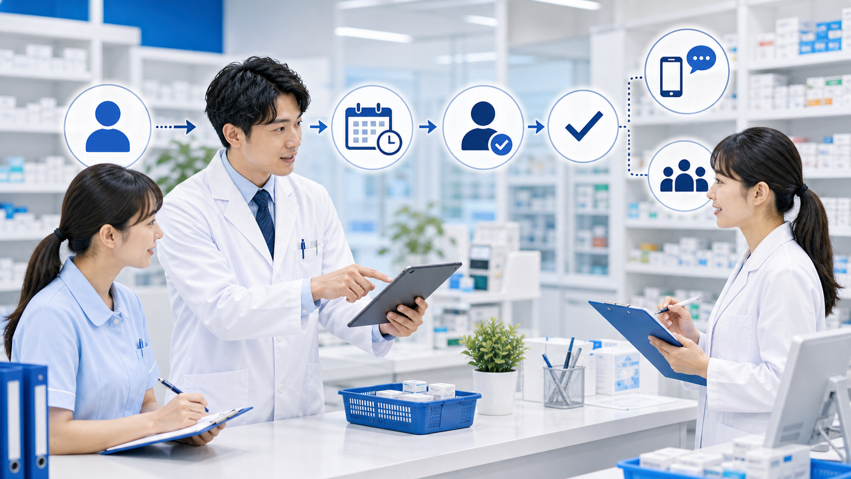 薬局で問い合わせ後の次の対応と担当者を決めるイメージ