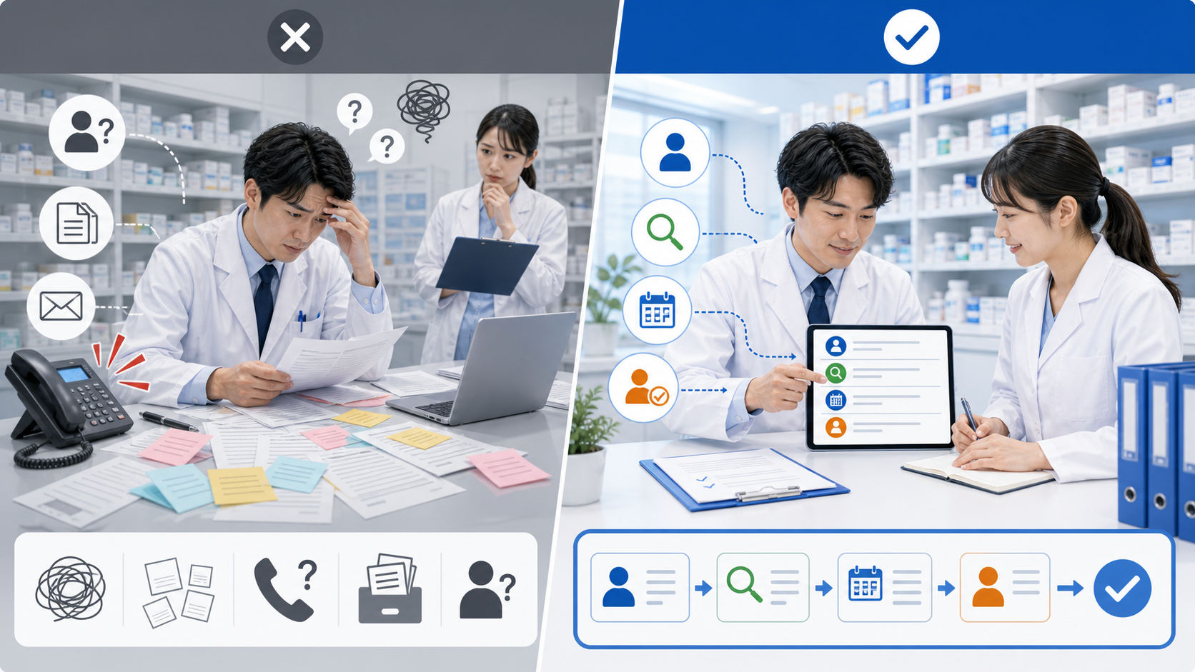 問い合わせ対応が止まりやすい薬局と整理された薬局の違いを示す比較図解