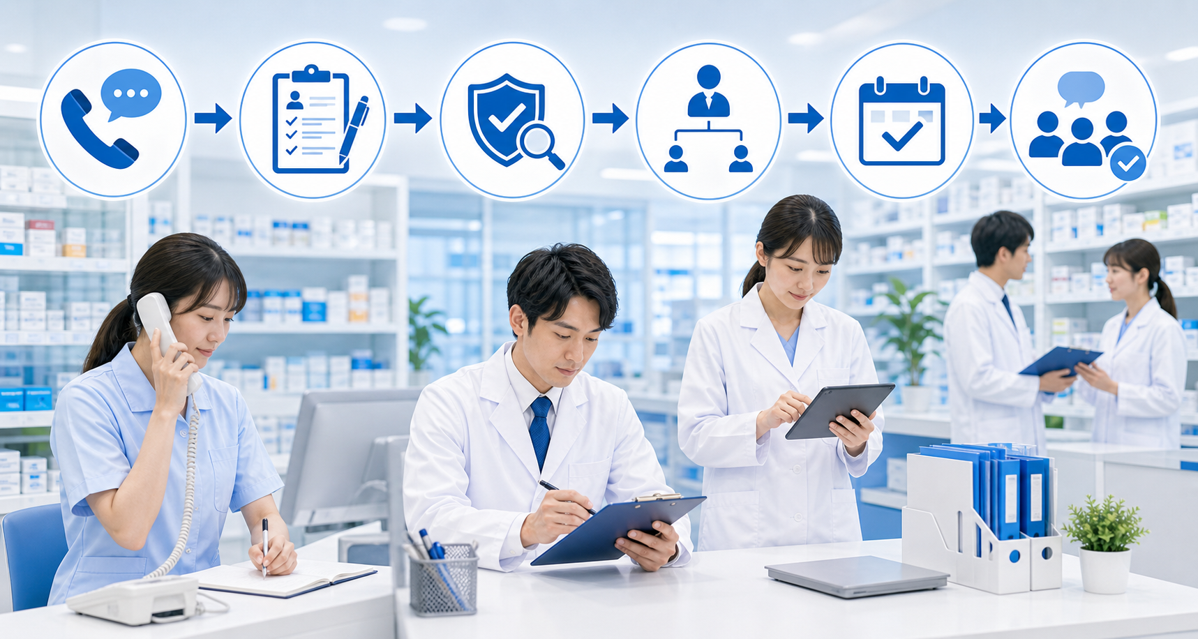 薬局の問い合わせ対応を受付、事実記録、確認、担当決定、完了共有の順に整理する手順図解