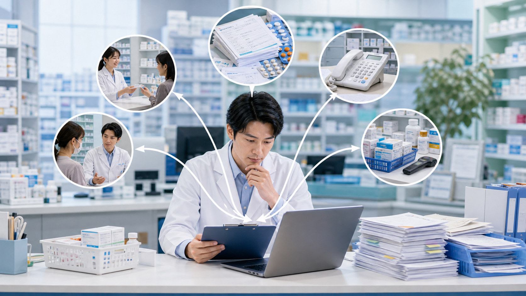 薬局で残業原因となる処方箋、電話、在庫、疑義照会、制度対応を確認するイメージ