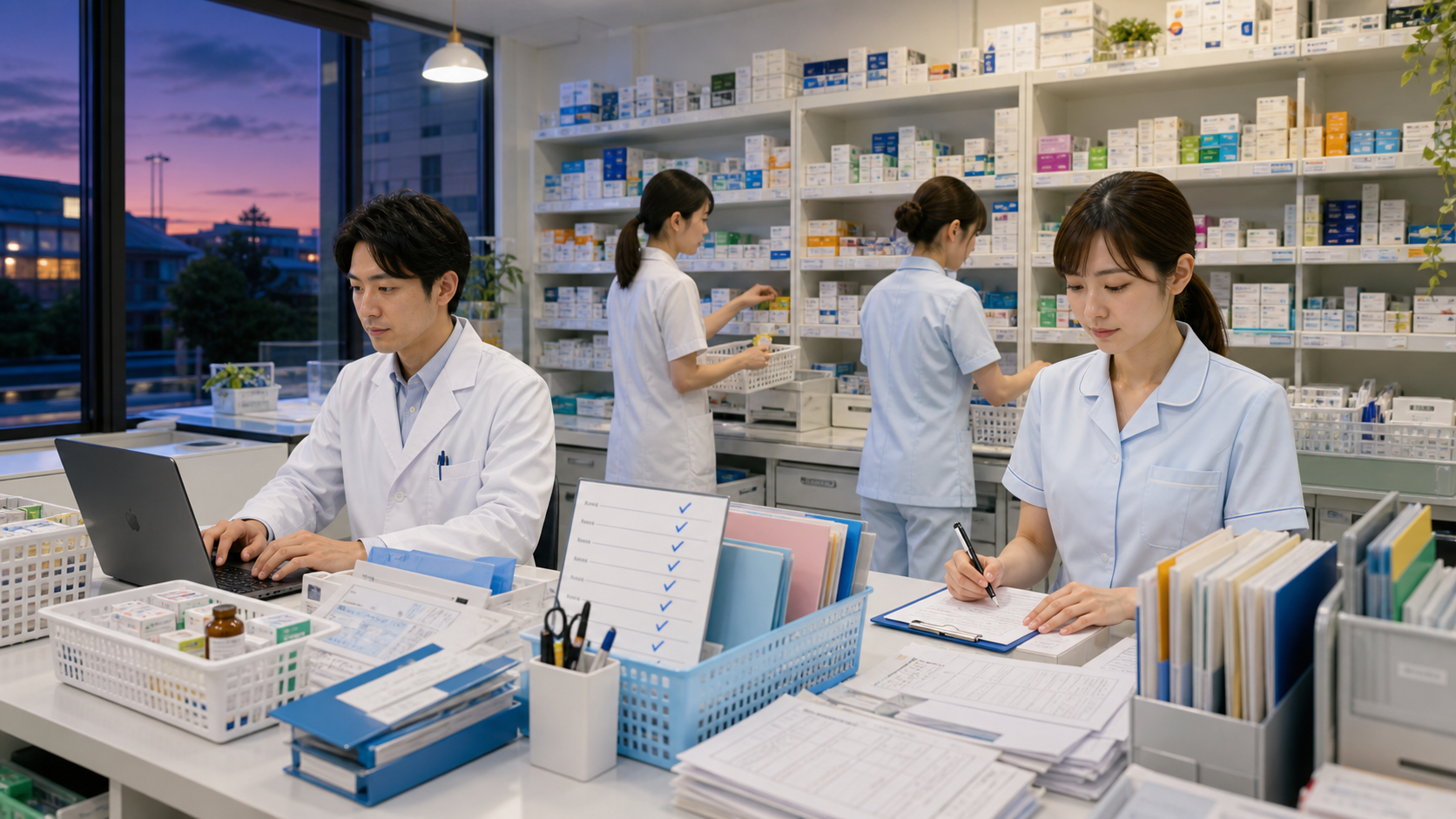 薬局で閉局後に残る薬歴、在庫、発注、申し送りを整理するイメージ