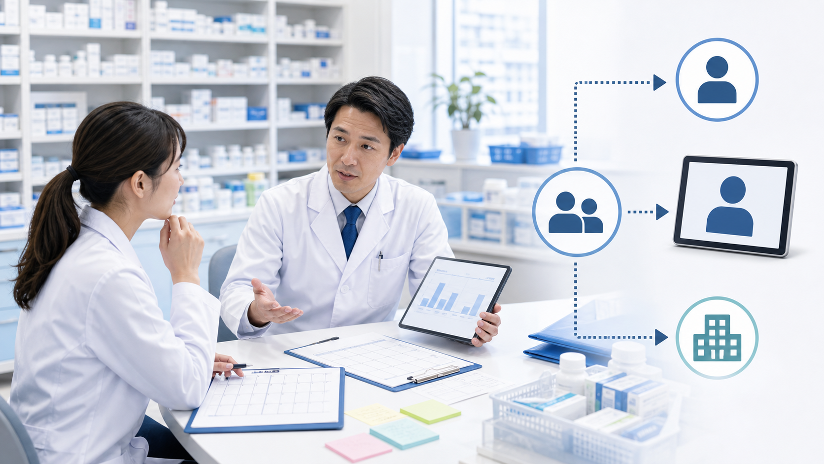 薬局で残業記録をもとに上長や本部へ相談する基準を整理するイメージ