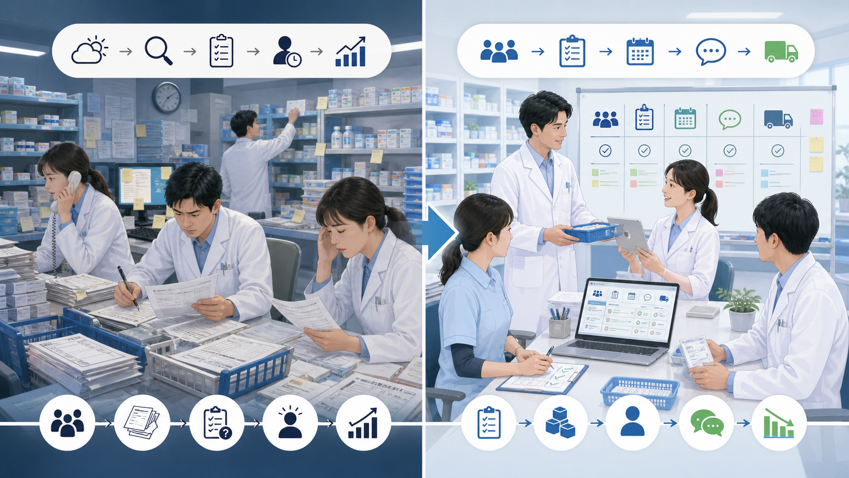 薬局で残業が減りにくい状態と整理された状態の違いを示す図解