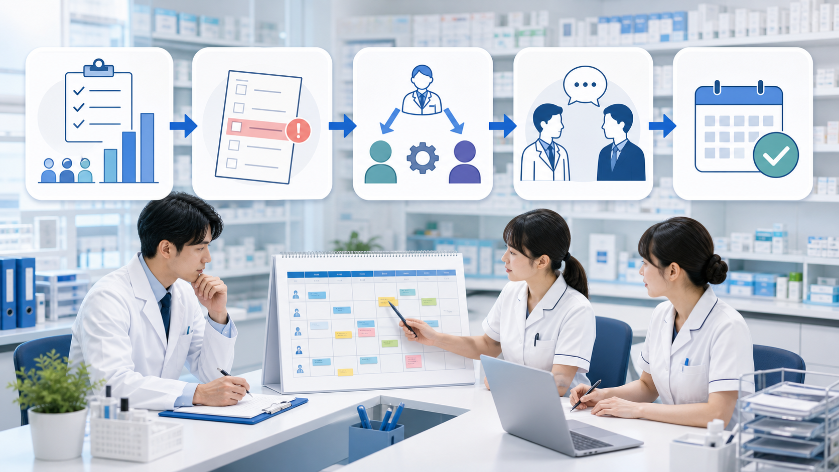薬局の残業原因を記録し役割分担と相談まで進める手順の図解