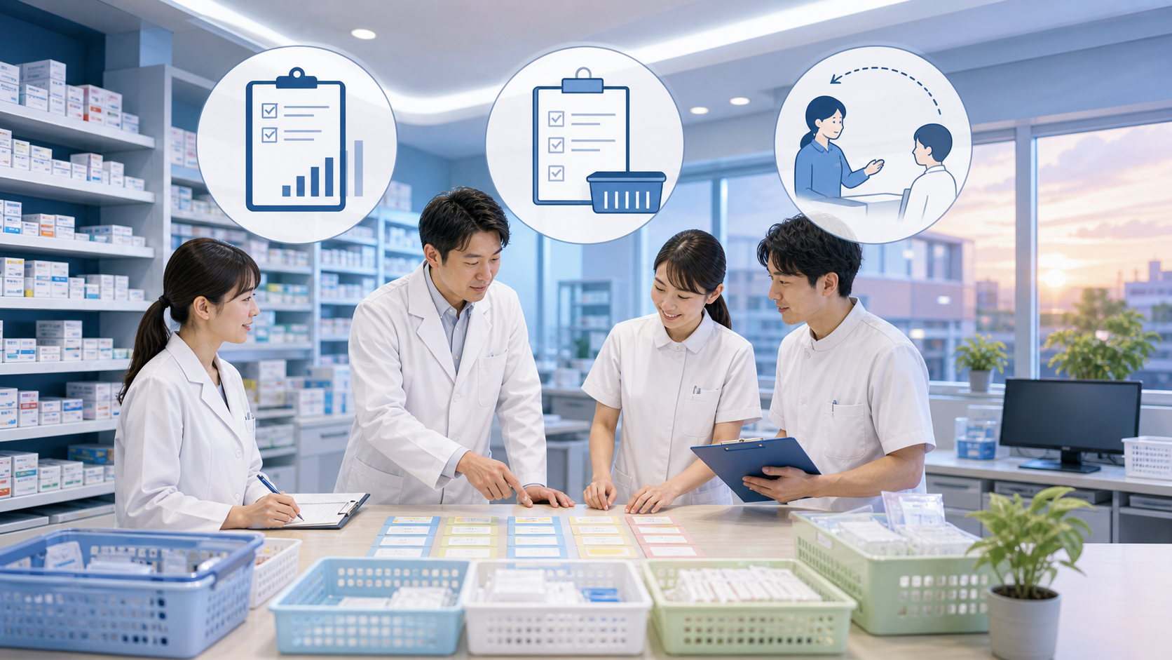 薬局の残業を業務量、終業後タスク、相談基準で整理して改善につなげるイメージ