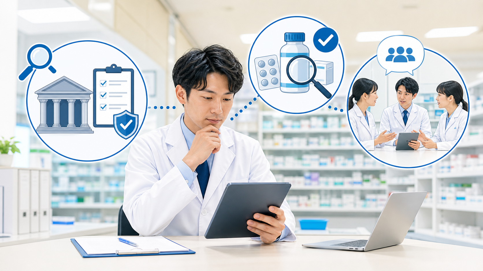 薬局で安全性情報を公式情報、店舗影響、スタッフ共有の3点で確認するサムネイル画像