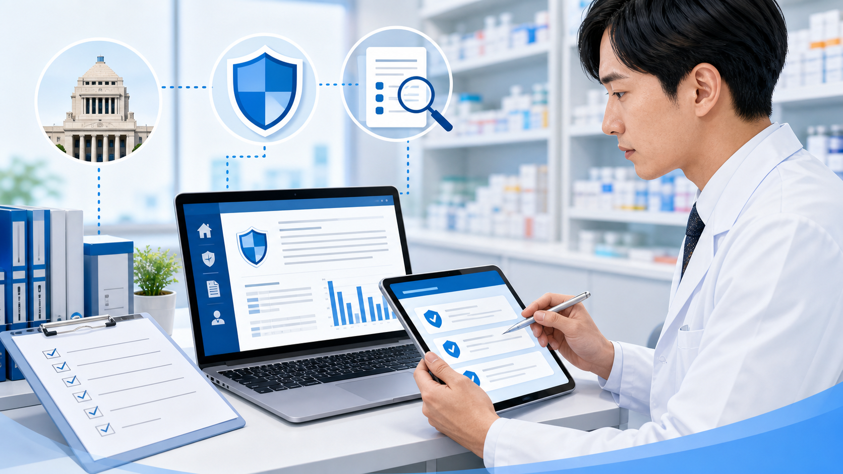 薬局で厚生労働省やPMDAなど公式情報の入口を確認するイメージ