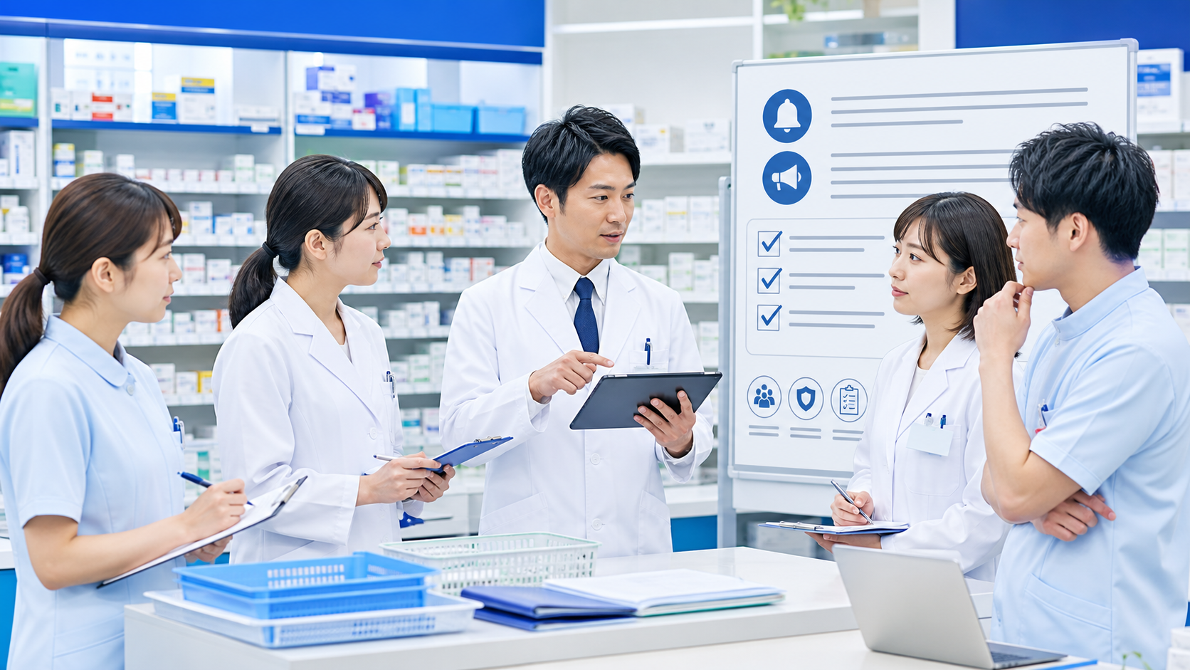 薬局スタッフへ安全性情報を同じ言葉で共有するイメージ