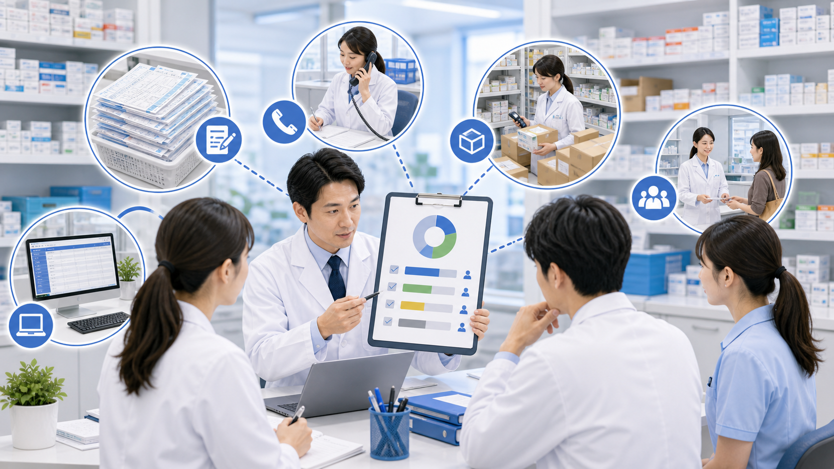 薬局で処方箋枚数以外の電話、在庫、疑義照会、制度対応を確認するイメージ