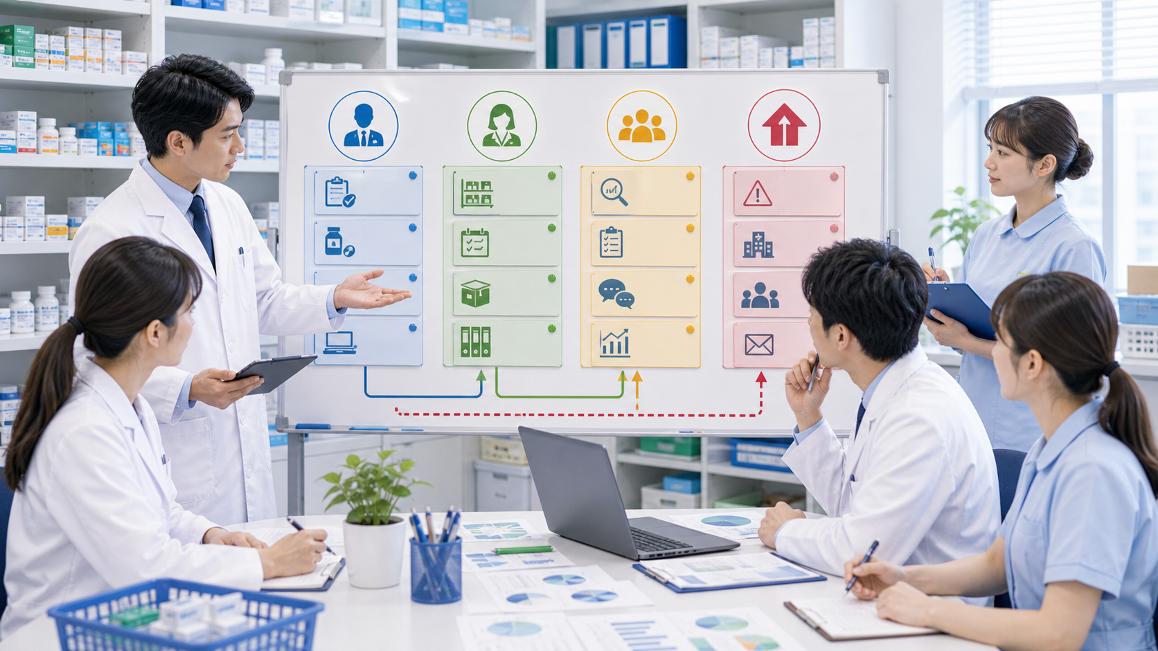 薬局で薬剤師、事務、本部の役割分担を整理するイメージ