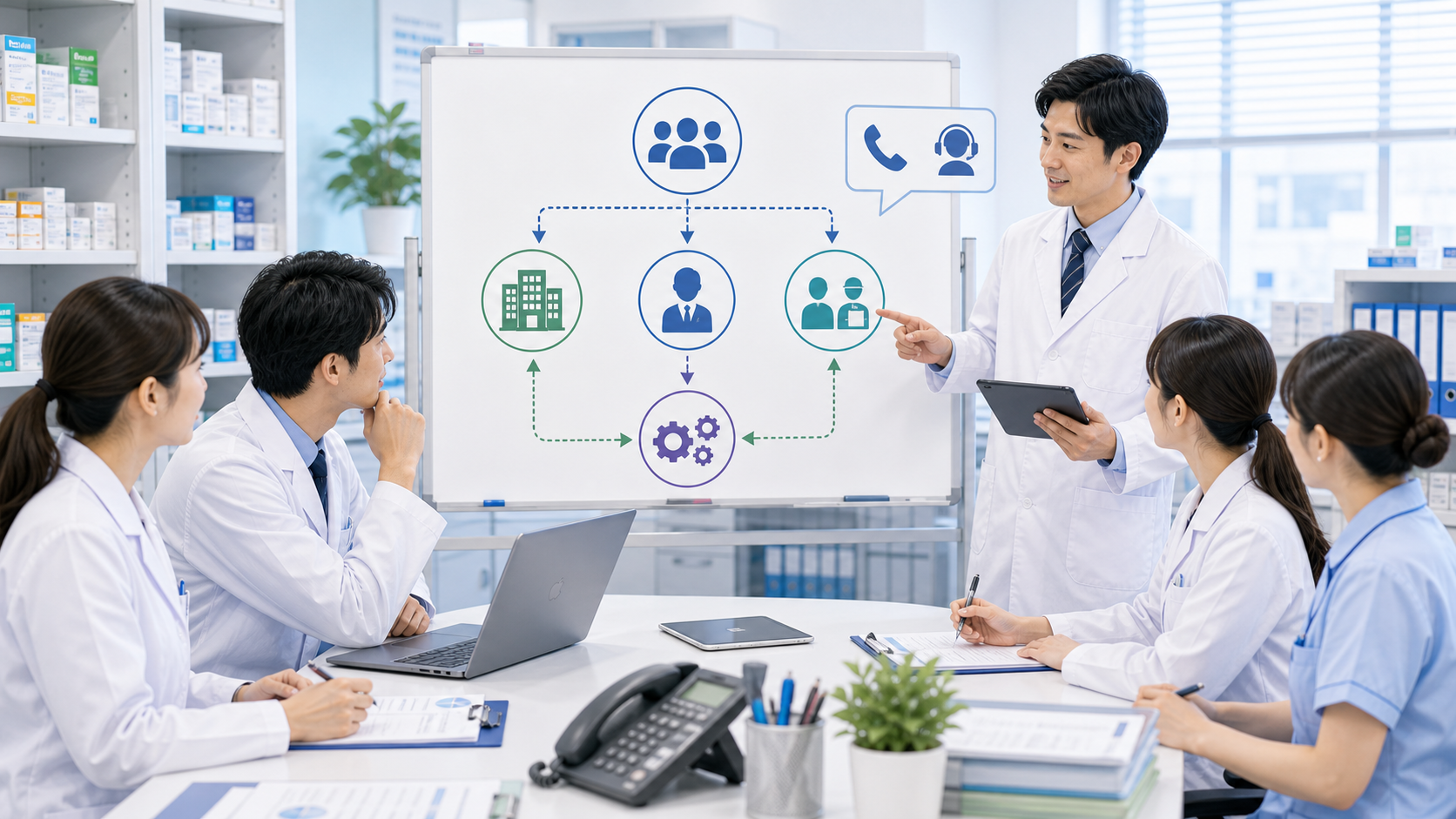 薬局で本部や上長へ相談する基準と記録を整理するイメージ