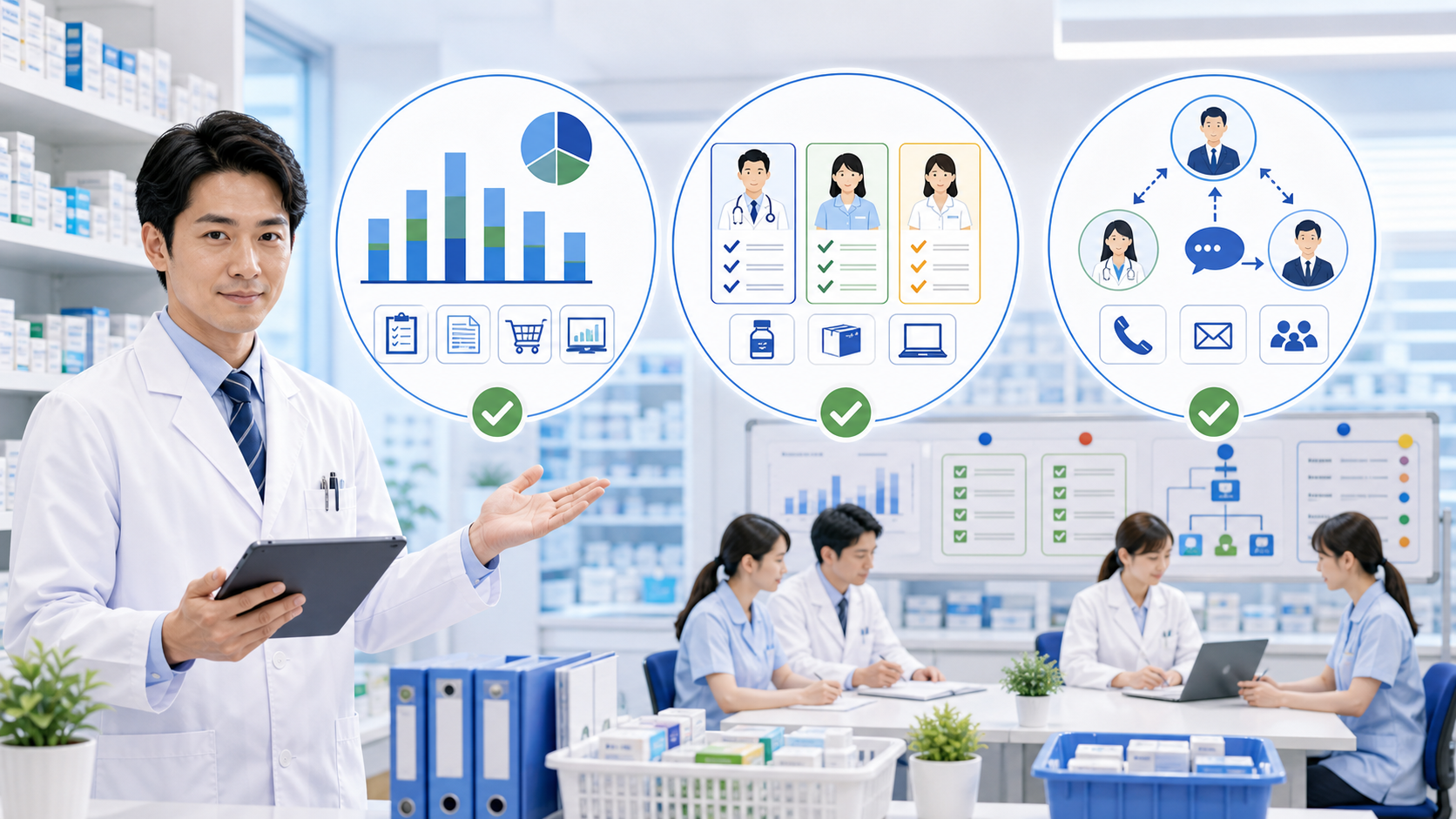 薬局人員不足を業務量、役割分担、相談先で整理して現場改善につなげるイメージ