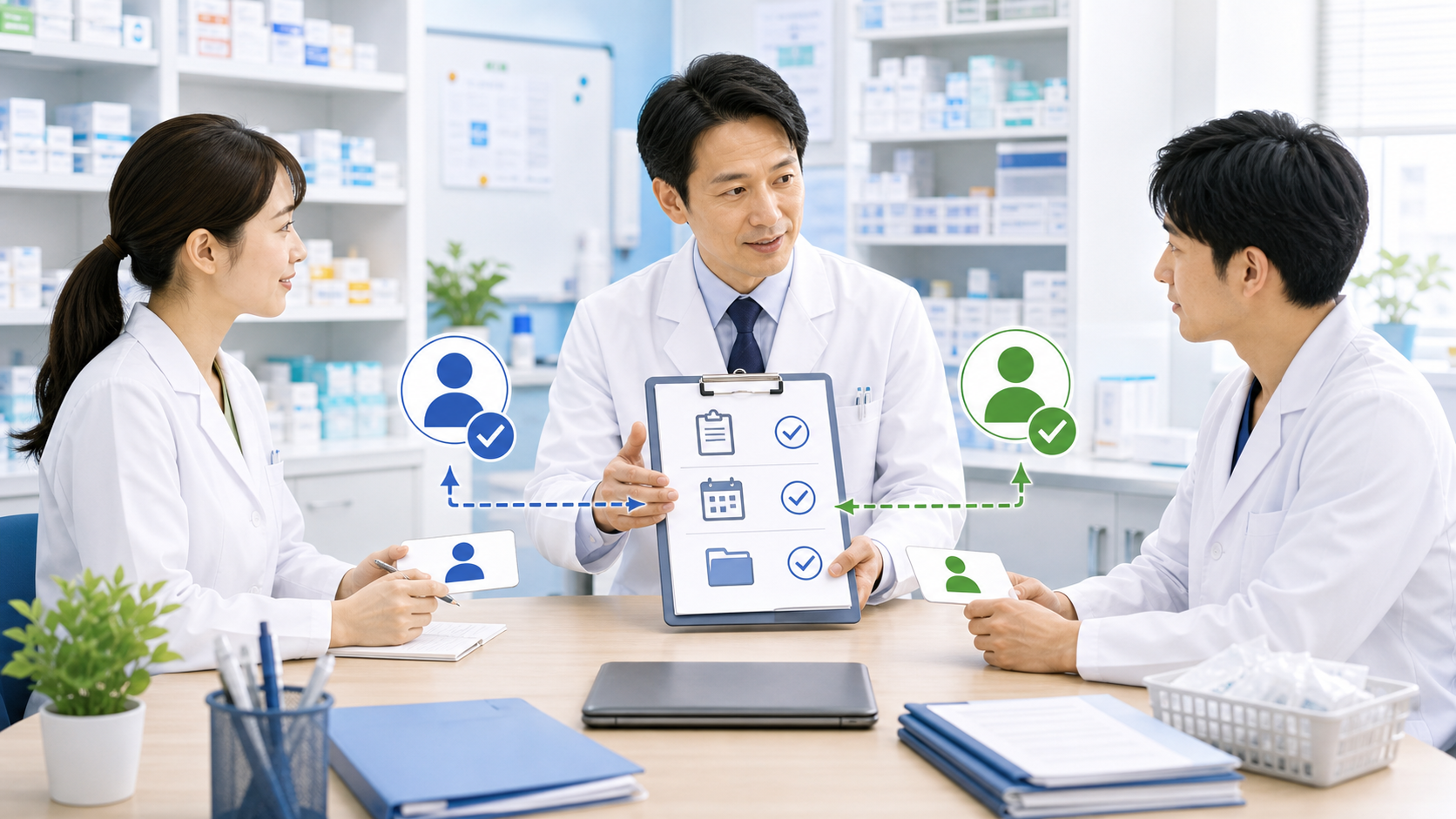 薬局でPMDAメディナビの通知受信状況とメール確認を行うイメージ