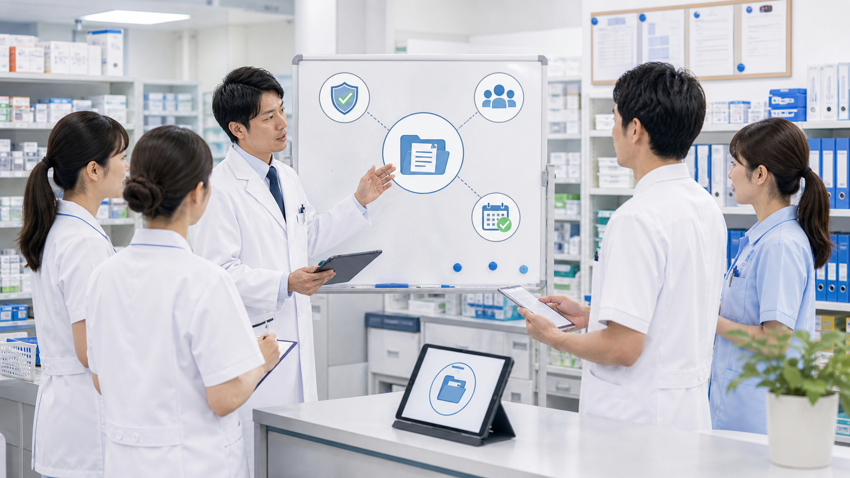 薬局で安全対策通知の確認担当と代替担当を決めるイメージ