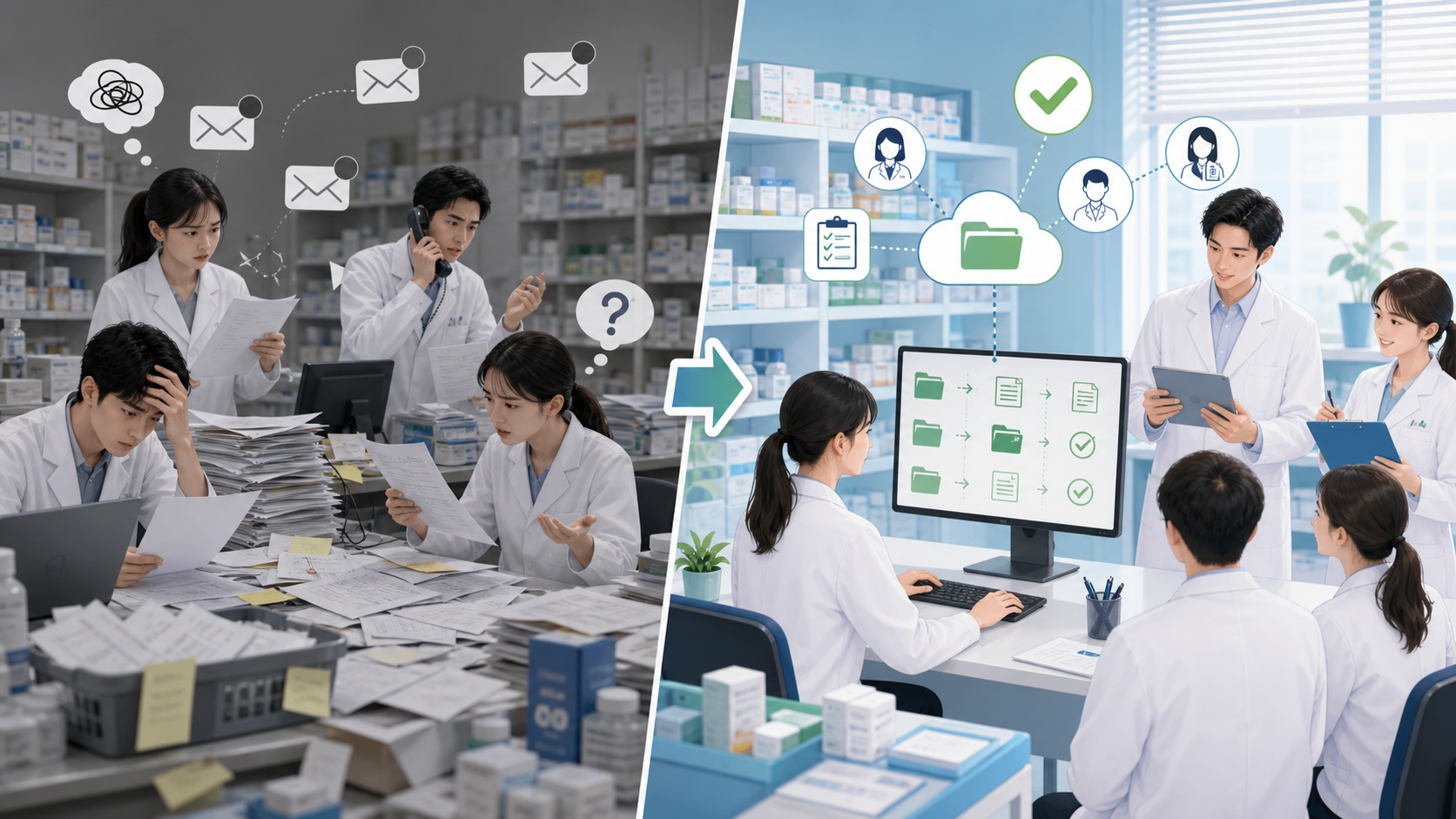 薬局スタッフが安全性情報の共有と記録場所を確認するイメージ