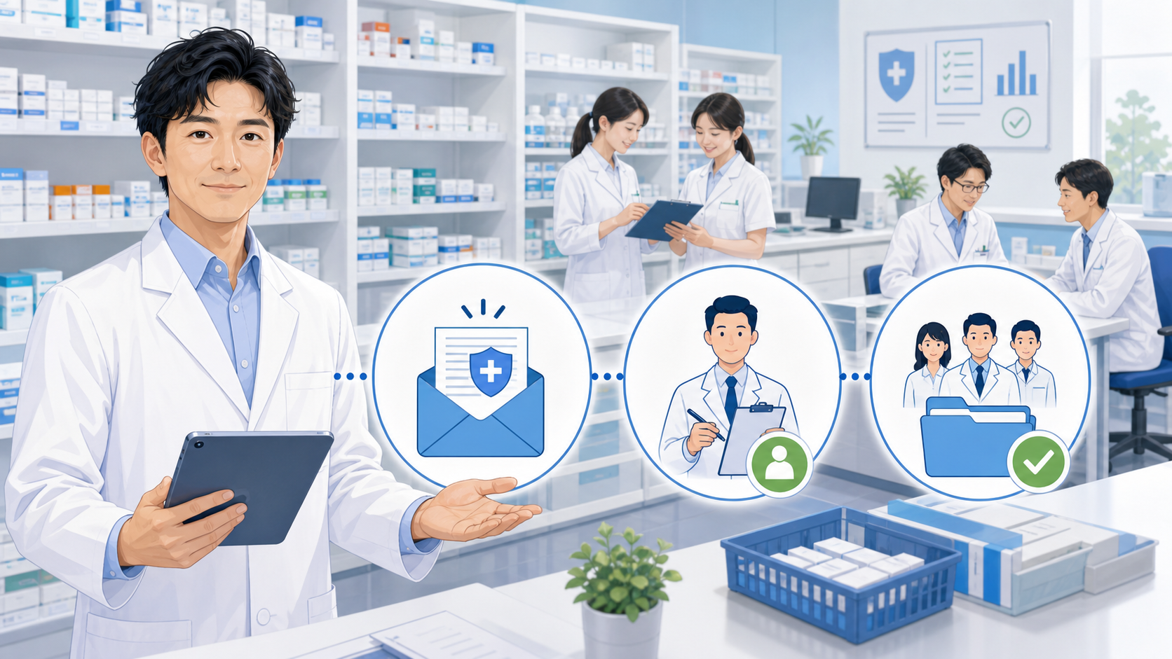薬局でPMDA安全対策通知を受信、公式確認、担当整理、記録、共有する手順のイメージ