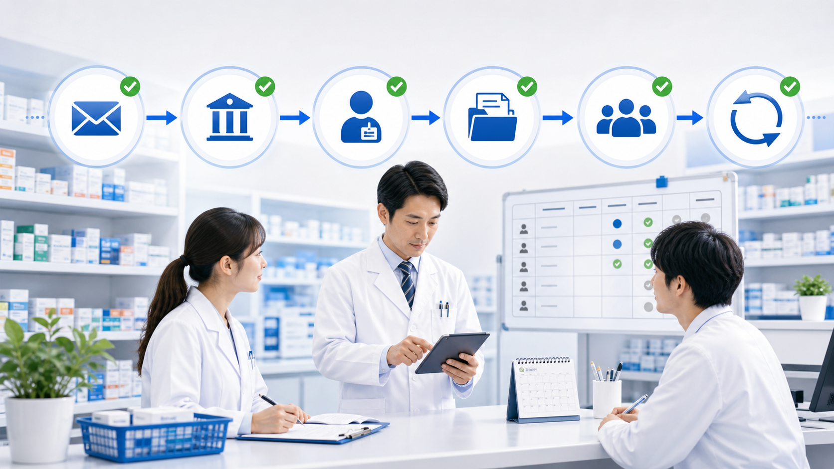 薬局でPMDA安全対策通知を受信し担当を決めスタッフ共有する3点を整理するイメージ