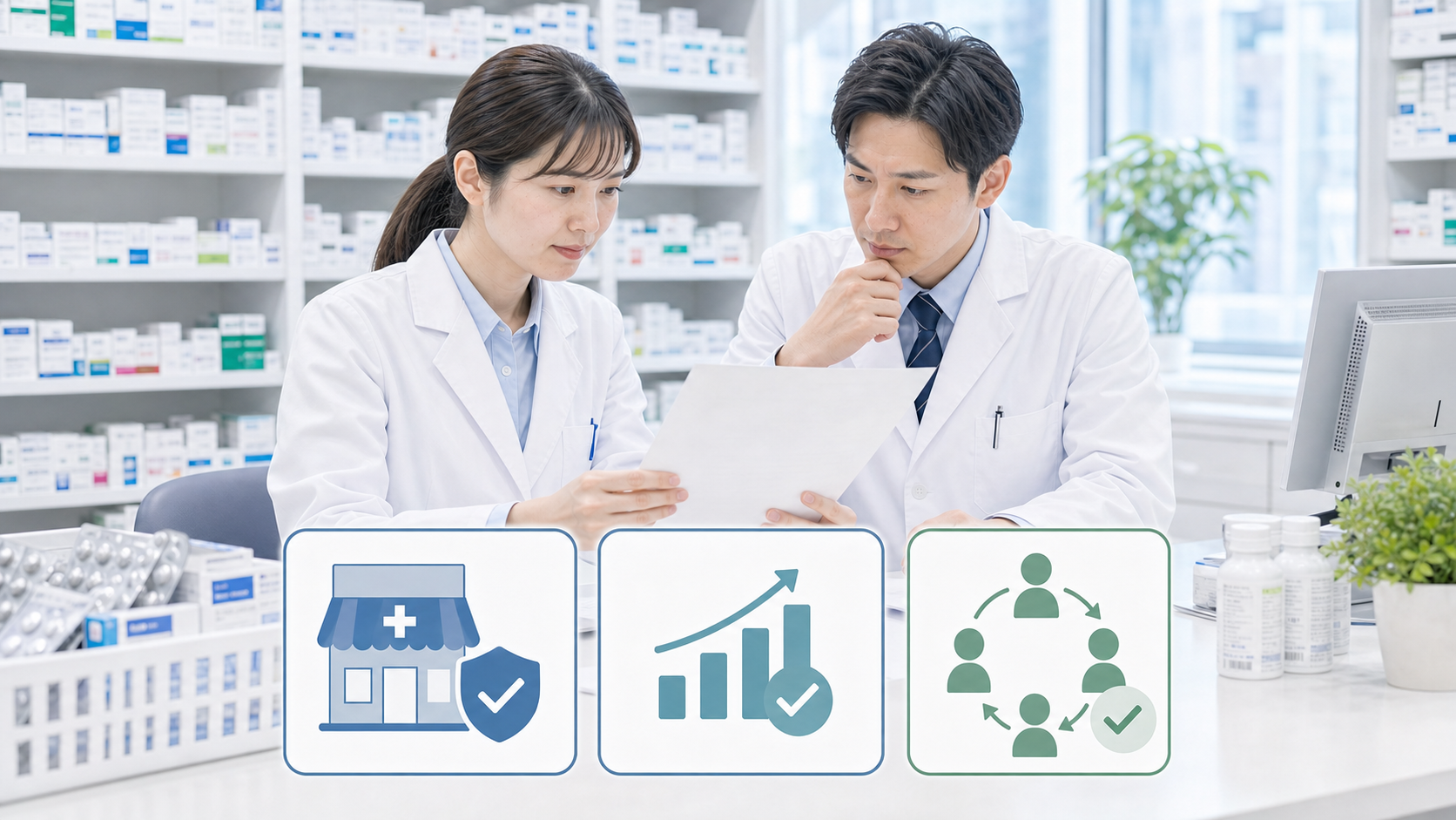 管理薬剤師経験を転職で伝えるために薬剤師が3つの整理カードを確認しているサムネイル画像