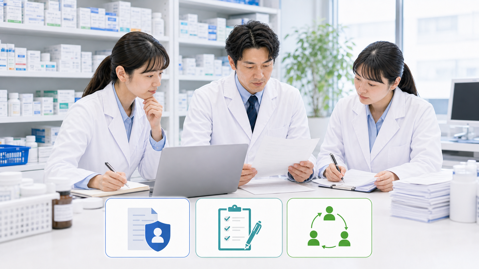 薬剤師が管理薬剤師経験を整理するために職務経歴書と3つのカードを確認している画像