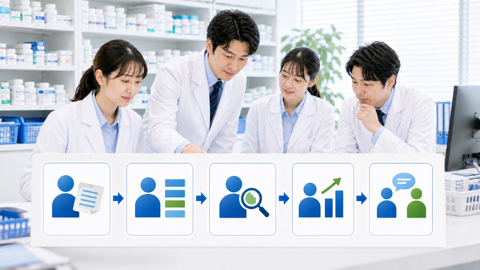 薬剤師チームが管理薬剤師経験を5ステップで職務経歴書へ整理している画像