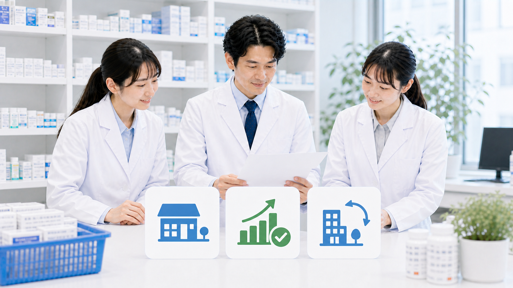 薬剤師チームが管理薬剤師経験を3軸でまとめて確認している画像