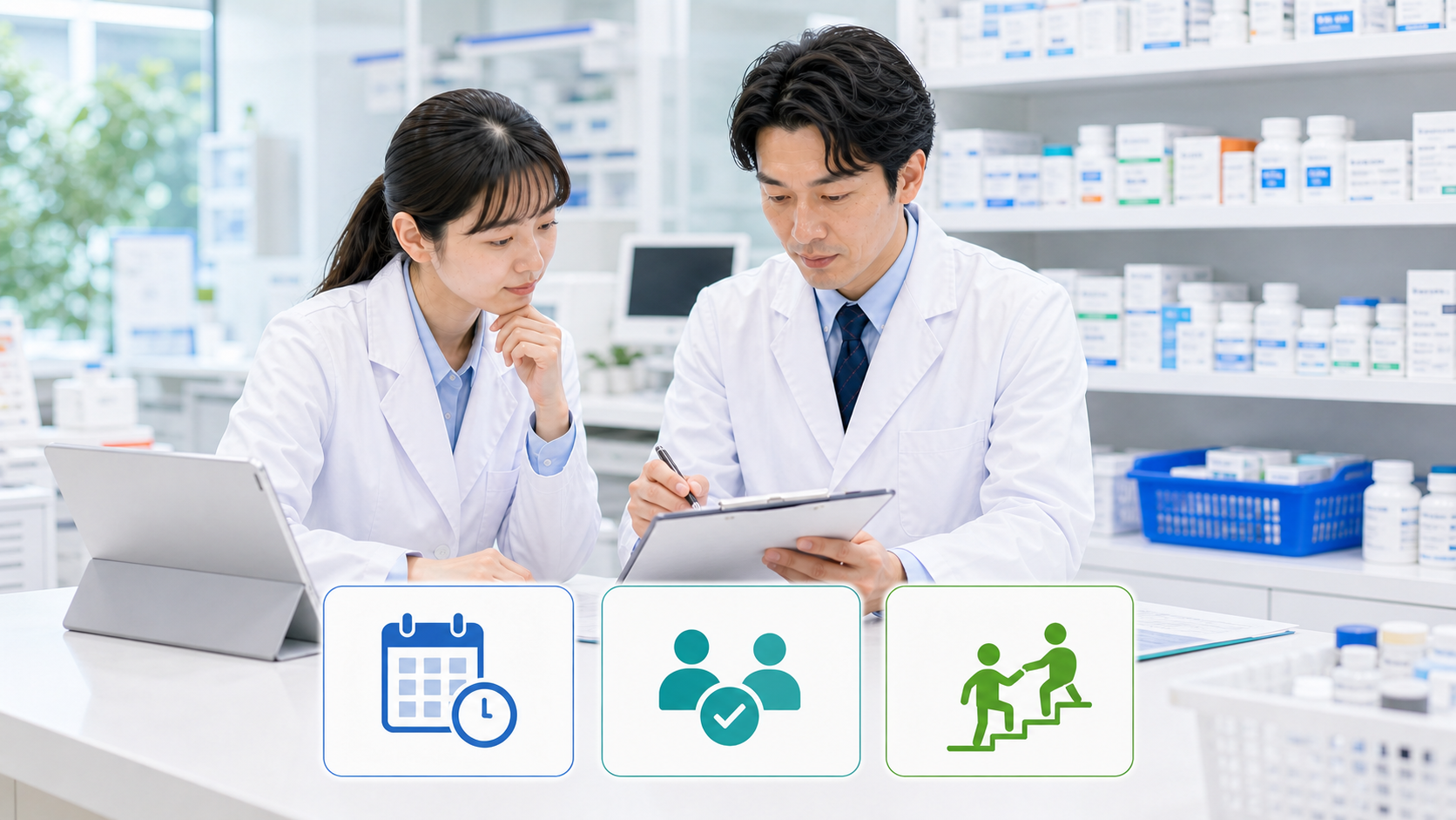 薬剤師が面接で確認したい業務量や人員体制のカードを見ている画像