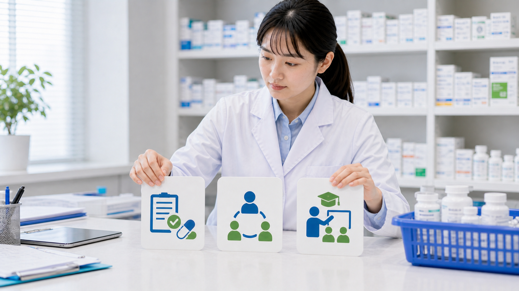 薬剤師面接の逆質問を業務量、人員体制、教育支援の3軸で整理している画像